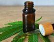 a small brown glass bottle of CBD oil beside a dropper on top of a hemp leaf and a wooden table